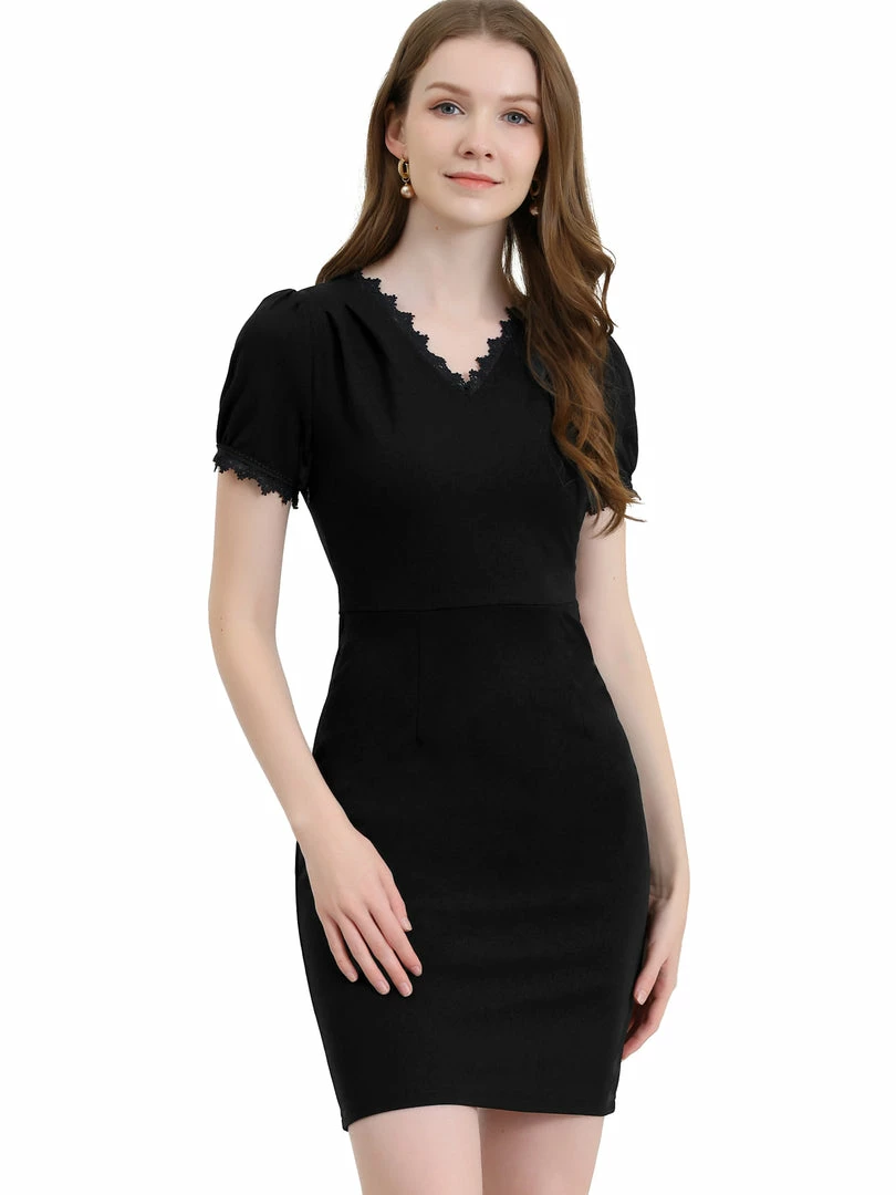 Allegra K Women's Elegant V Neck Scalloped Lace Trim Knit Short Sleeve Dress 4 Allegra K Women's Elegant V Neck Scalloped Lace Trim Knit Short Sleeve Dress