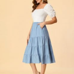 Allegra K Women's A-Line Tiered Pockets Midi Long Skirt 11 Allegra K Women's A-Line Tiered Pockets Midi Long Skirt