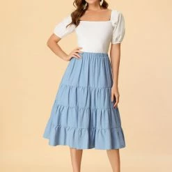 Allegra K Women's A-Line Tiered Pockets Midi Long Skirt 12 Allegra K Women's A-Line Tiered Pockets Midi Long Skirt