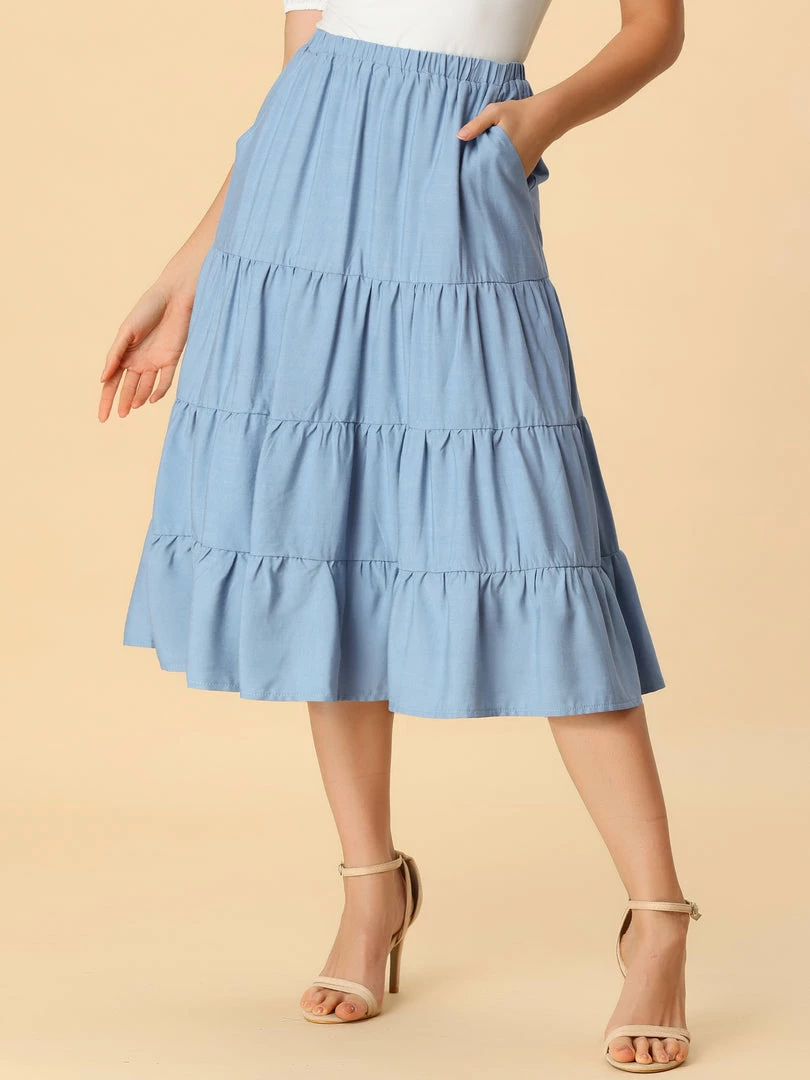 Allegra K Women's A-Line Tiered Pockets Midi Long Skirt 7 Allegra K Women's A-Line Tiered Pockets Midi Long Skirt