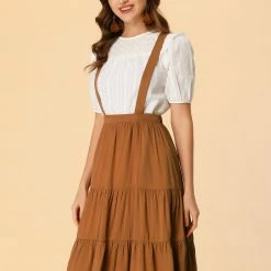 Allegra K Women's Suspender Pleated Skirt Ruffle Hem Below The Knee Overall Dress