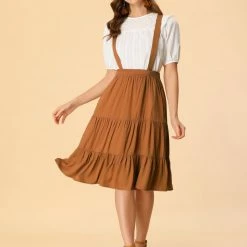 Allegra K Women's Suspender Pleated Skirt Ruffle Hem Below The Knee Overall Dress