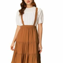 Allegra K Women's Suspender Pleated Skirt Ruffle Hem Below The Knee Overall Dress