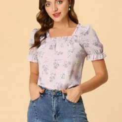 Allegra K Women's Square Neck Puff Short Sleeve Ruched Front Ruffle Floral Blouse Top