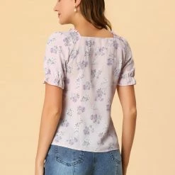 Allegra K Women's Square Neck Puff Short Sleeve Ruched Front Ruffle Floral Blouse Top