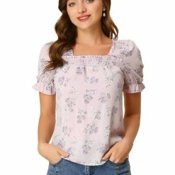 Allegra K Women's Square Neck Puff Short Sleeve Ruched Front Ruffle Floral Blouse Top