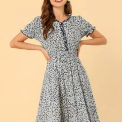 Allegra K Women's Floral Sundress Ruffle Neck Smocked Waist Short Sleeve Dress