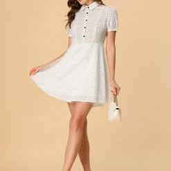 Allegra K Women's Polka Dots Puff Short Sleeve Half Placket Mesh A-Line Shirt Dress