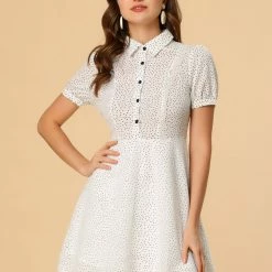 Allegra K Women's Polka Dots Puff Short Sleeve Half Placket Mesh A-Line Shirt Dress