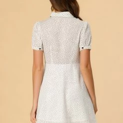 Allegra K Women's Polka Dots Puff Short Sleeve Half Placket Mesh A-Line Shirt Dress