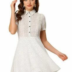 Allegra K Women's Polka Dots Puff Short Sleeve Half Placket Mesh A-Line Shirt Dress
