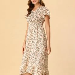 Allegra K Women's Smocked Floral High Low Summer Maxi Dress