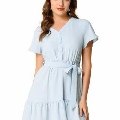 Allegra K Women's Summer Dresses Ruffled V-Neck Short Sleeve Tiered Solid Mini Dress 9 Allegra K Women's Summer Dresses Ruffled V-Neck Short Sleeve Tiered Solid Mini Dress