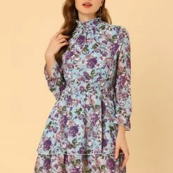 Allegra K Women's Floral Dress Chiffon Mock Neck Layered Sheer Smock Waist Mini Dresses