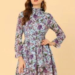 Allegra K Women's Floral Dress Chiffon Mock Neck Layered Sheer Smock Waist Mini Dresses