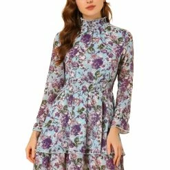 Allegra K Women's Floral Dress Chiffon Mock Neck Layered Sheer Smock Waist Mini Dresses