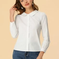 Allegra K Women's Detachable Lace Floral Doll Collar Puff Long Sleeve Shirt Top