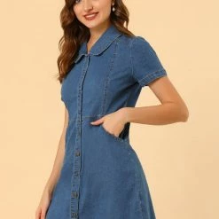 Allegra K Women's Denim Dress Peter Pan Collar Button Up Jean Dresses