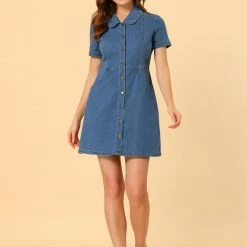 Allegra K Women's Denim Dress Peter Pan Collar Button Up Jean Dresses