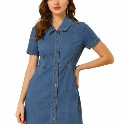 Allegra K Women's Denim Dress Peter Pan Collar Button Up Jean Dresses