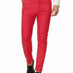 Allegra K Men's Slim Fit Dress Trousers Flat Front Solid Color Skinny Business Pants