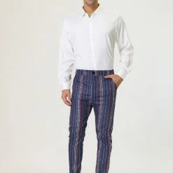 Allegra K Men's Striped Dress Pants Slim Fit Contrast Color Business Trousers 36 Allegra K Men's Striped Dress Pants Slim Fit Contrast Color Business Trousers