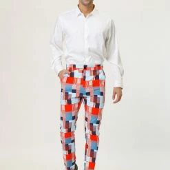 Allegra K Men's Casual Geometric Printed Color Block Flat Front Dress Pants