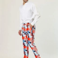 Allegra K Men's Casual Geometric Printed Color Block Flat Front Dress Pants