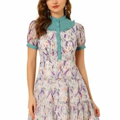 Allegra K Women's Floral Tie Waist Stand Collar Puff Sleeve Ruffle Tiered Short Dress