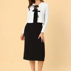 Allegra K Women's Elegant Crop Cardigan Contrast Bow Tie Front Long Sleeve Frilled Shrug