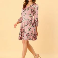 Allegra K Women's Irregular V Neck Puff Sleeve Floral Satin Dress