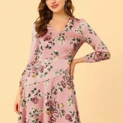 Allegra K Women's Irregular V Neck Puff Sleeve Floral Satin Dress