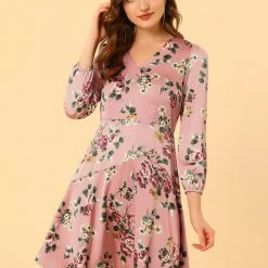 Allegra K Women's Irregular V Neck Puff Sleeve Floral Satin Dress