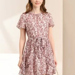 Allegra K Women's Floral Asymmetrical Layered Pleated Neck Short Flare Sleeve Dress