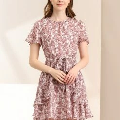 Allegra K Women's Floral Asymmetrical Layered Pleated Neck Short Flare Sleeve Dress