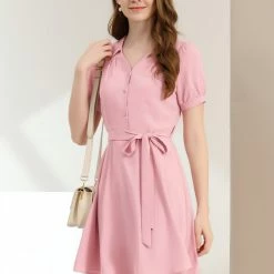 Allegra K Women's V-Neck Solid Turn Down Collar Puff Short Sleeve Dress