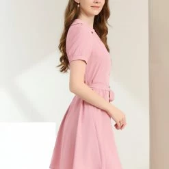 Allegra K Women's V-Neck Solid Turn Down Collar Puff Short Sleeve Dress