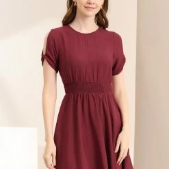 Allegra K Women's Smocked Waist Round Neck Keyhole Front Short Sleeve Mini Dress 11 Allegra K Women's Smocked Waist Round Neck Keyhole Front Short Sleeve Mini Dress