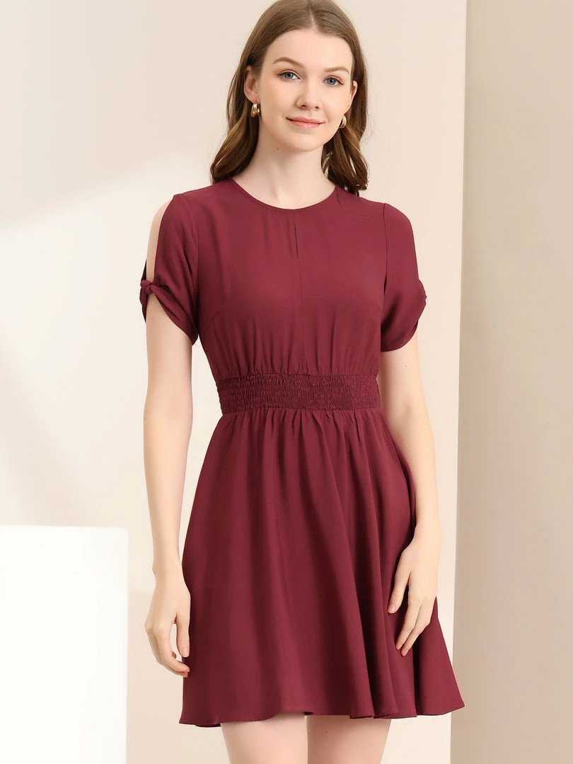 Allegra K Women's Smocked Waist Round Neck Keyhole Front Short Sleeve Mini Dress 5 Allegra K Women's Smocked Waist Round Neck Keyhole Front Short Sleeve Mini Dress