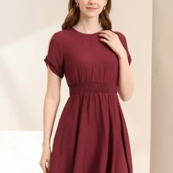 Allegra K Women's Smocked Waist Round Neck Keyhole Front Short Sleeve Mini Dress 12 Allegra K Women's Smocked Waist Round Neck Keyhole Front Short Sleeve Mini Dress