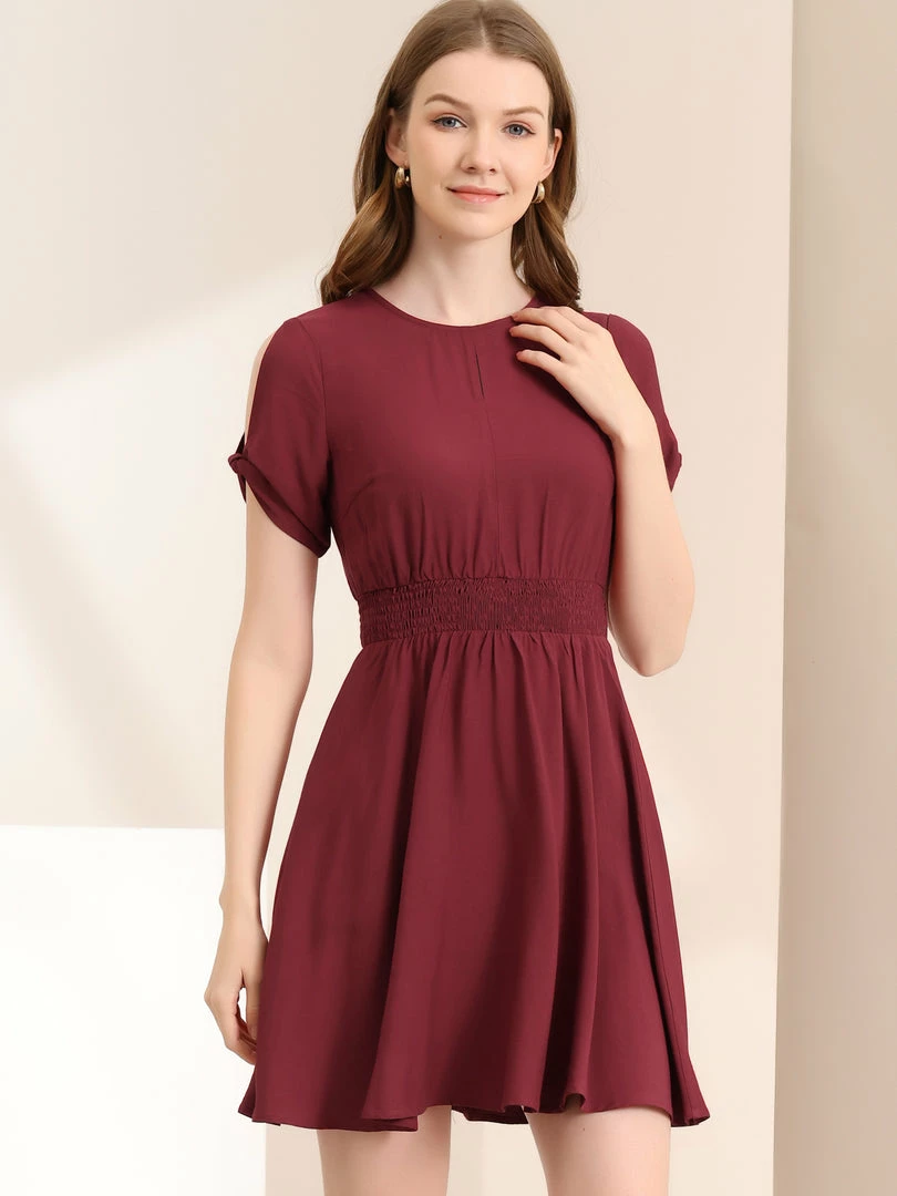 Allegra K Women's Smocked Waist Round Neck Keyhole Front Short Sleeve Mini Dress 6 Allegra K Women's Smocked Waist Round Neck Keyhole Front Short Sleeve Mini Dress