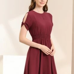 Allegra K Women's Smocked Waist Round Neck Keyhole Front Short Sleeve Mini Dress 13 Allegra K Women's Smocked Waist Round Neck Keyhole Front Short Sleeve Mini Dress