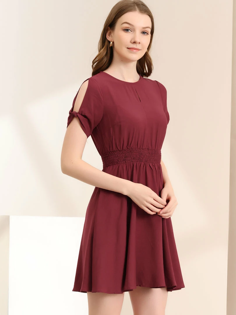 Allegra K Women's Smocked Waist Round Neck Keyhole Front Short Sleeve Mini Dress 7 Allegra K Women's Smocked Waist Round Neck Keyhole Front Short Sleeve Mini Dress