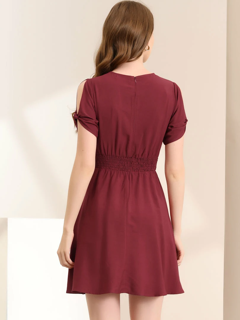 Allegra K Women's Smocked Waist Round Neck Keyhole Front Short Sleeve Mini Dress 8 Allegra K Women's Smocked Waist Round Neck Keyhole Front Short Sleeve Mini Dress