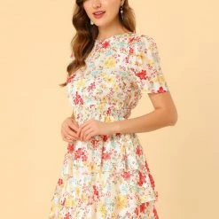 Allegra K Women's Layered Chiffon Shirred Floral Dress 11 Allegra K Women's Layered Chiffon Shirred Floral Dress
