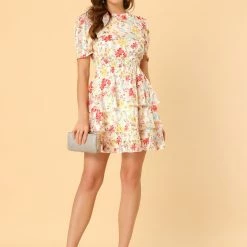 Allegra K Women's Layered Chiffon Shirred Floral Dress 12 Allegra K Women's Layered Chiffon Shirred Floral Dress