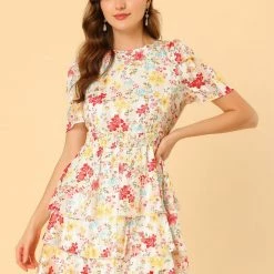 Allegra K Women's Layered Chiffon Shirred Floral Dress 13 Allegra K Women's Layered Chiffon Shirred Floral Dress