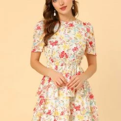 Allegra K Women's Layered Chiffon Shirred Floral Dress 14 Allegra K Women's Layered Chiffon Shirred Floral Dress