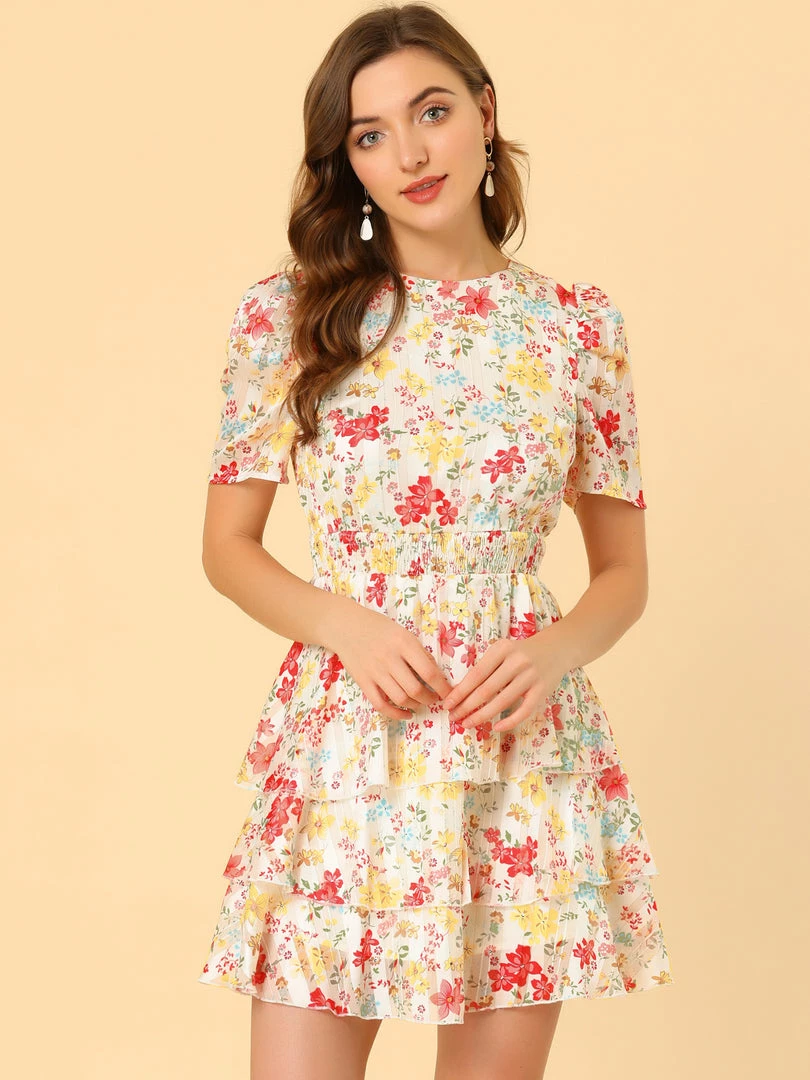 Allegra K Women's Layered Chiffon Shirred Floral Dress 8 Allegra K Women's Layered Chiffon Shirred Floral Dress