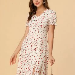 Allegra K Women's Chiffon V Neck Ruffled Vintage Floral Midi Dress 11 Allegra K Women's Chiffon V Neck Ruffled Vintage Floral Midi Dress